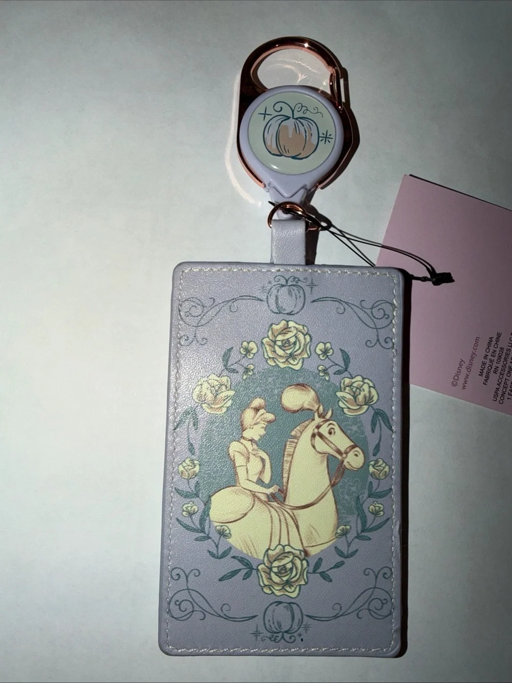 Disney Cinderella Carriage Horse Floral Retractable Lanyard Rose Gold Tone NWT